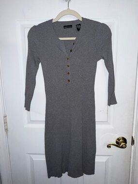 Moda International Ribbed Henley Knit Dress - Gray XS